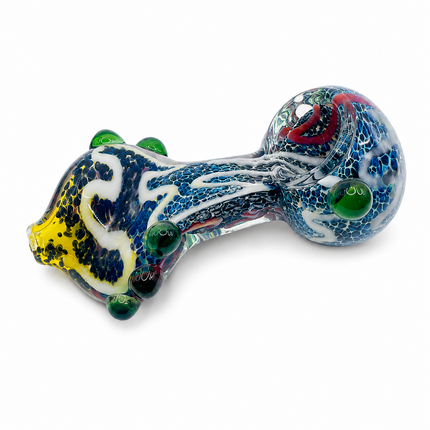 Blue Frit Twisted Body Glass Spoon Pipe with Green Raised Accents - 5 Inch