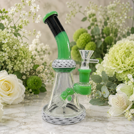 Green Black Wave Glass Water Pipe Cage Percolator Bent Neck 9 inch