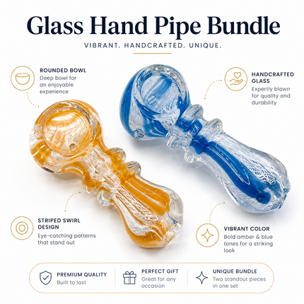 [2PC Bundle] Golden Sky Ribbon Glass Hand Pipes Amber Blue Clear 3 Inch