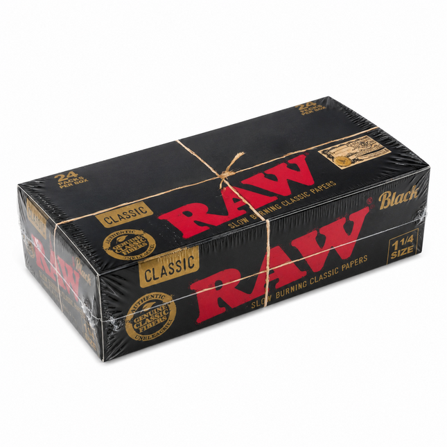 RAW Black 1 1/4 Rolling Papers Box - 24 Packs, 50 Leaves Per Pack