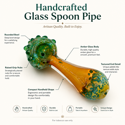 Amber Teal Crackle Glass Spoon Pipe with Green Marble Accents - 4.5 Inch