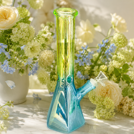 Blue Green Chrome Hexagon Glass Water Pipe Ice Catcher 14mm Bowl 10.5 inch