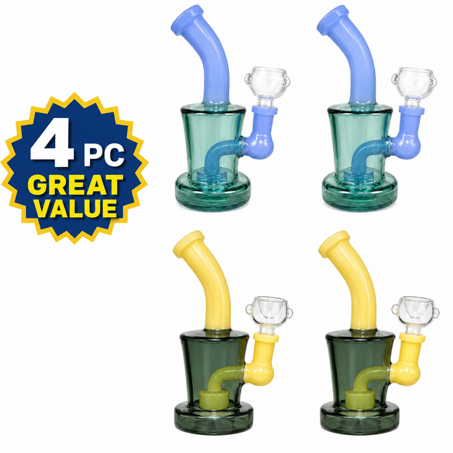 [4PC Bundle] Teal/Light Blue + Dark Gray/Yellow Mini Glass Water Pipe Set