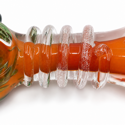 Clear Fumed Orange Glass Spoon Pipe with Green Marbles and Ribbed Grip - 5 Inch
