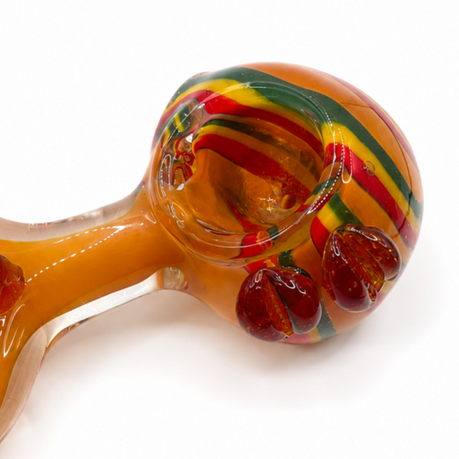 Amber Rainbow Glass Spoon Pipe Red Dot Grips 5 Inch Hand Pipe