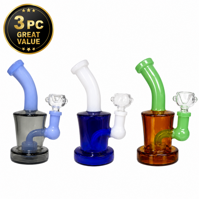 [3PC Bundle] Gray Blue Amber Disc Perc Glass Water Pipe Set 14mm 6 Inch