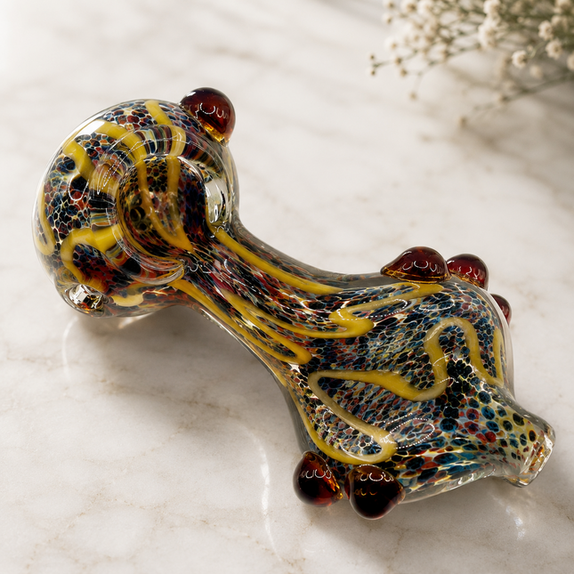 Multicolor Twisted Body Dragon Glass Spoon Pipe Burgundy Horn Accents 5 Inch