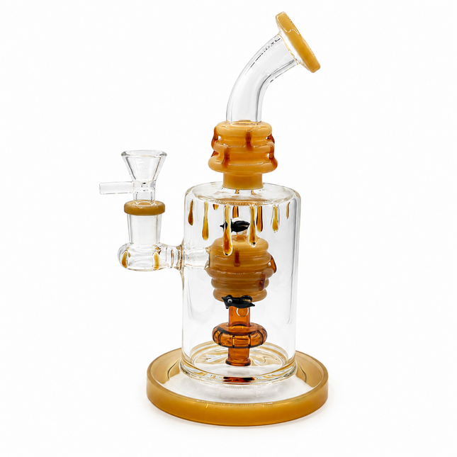 Honey Beehive Percolator 14mm Glass Bong Bent Neck Bee Design - 10 inch