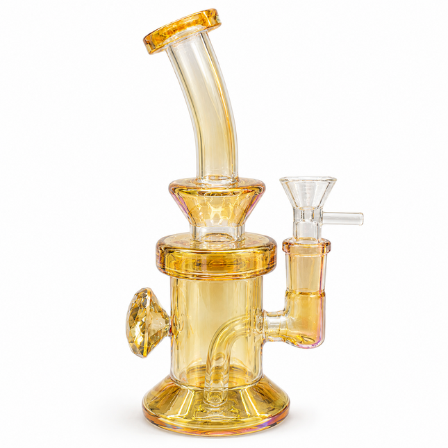 Abundance Diamond Golden Amber Mirror Chrome Glass Water Pipe 14mm Bowl 7.5 inch