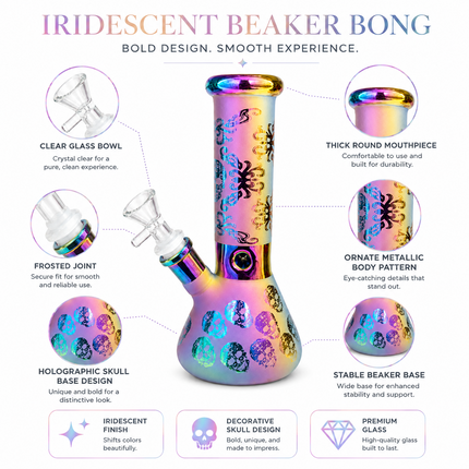 Prism Skull Rainbow Chrome Ice Catcher Glass Water Pipe 14mm Bowl - 10 Inch