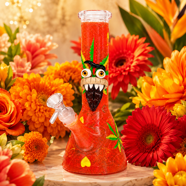 [Glow in the Dark] Goblin Face Beaker Glass Water Pipe Orange Art Glass 11 inch