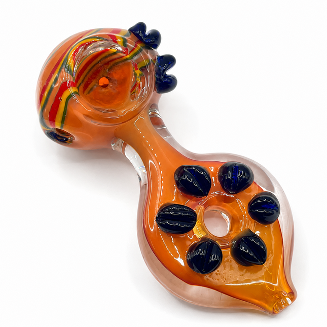 Amber Rainbow Stripe Glass Spoon Pipe with Black Dot Grips - 5 Inch