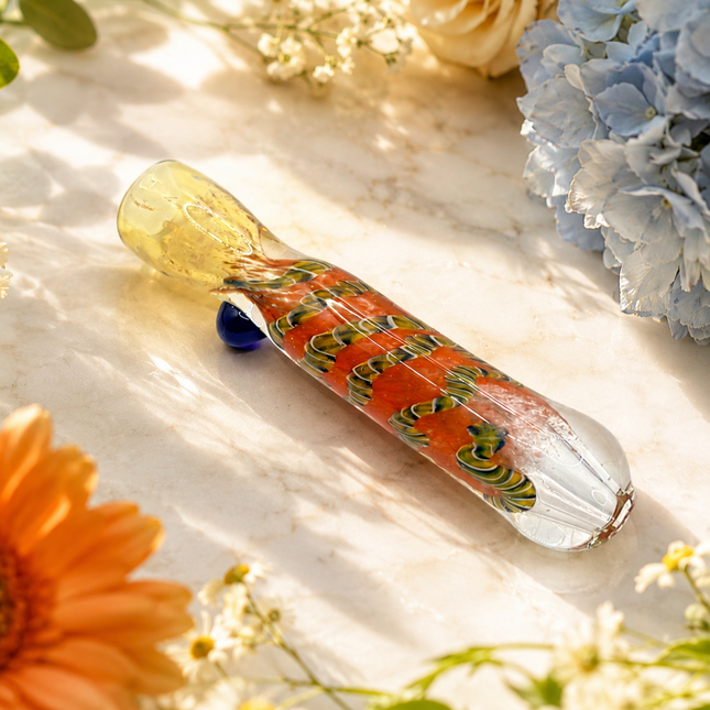 Amber Mosaic Handcraft Glass Chillum Pipe Clear Orange Blue 3~3.5 inch
