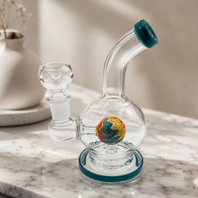 Teal Orb Perc Mini Glass Water Pipe – 6–6.5 Inch Round Bong with Bowl