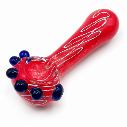 Crimson Red Palm Glass Spoon Pipe White Swirl Blue Marbles - 4.5 inch