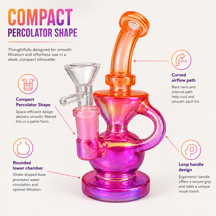 Orange Pink Iridescent Compact Glass Water Pipe 14mm 6~6.5 inch