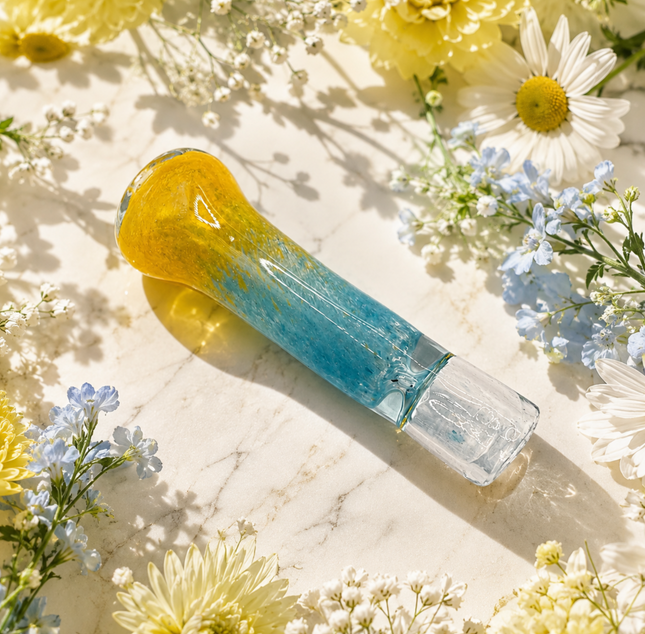 Coastal Gold Handcraft Glass Chillum Pipe Aqua Yellow Gradient 3~3.5 inch