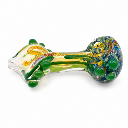 Green Gold Twist Glass Spoon Pipe Multicolor Bowl Marble Accents - 4 inch