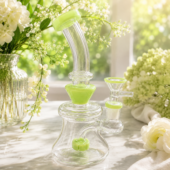 Milky Green Disc Percolator Glass Water Pipe 14mm Bowl 7 inch