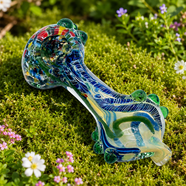 Cobalt Vine Glass Spoon Pipe with Green Marbles – 4 Inch Hand Pipe
