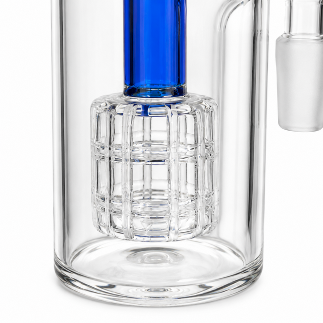 Clear glass water pipe or rig with a blue glass insert and a faceted clear glass bowl section, shown on a white background.