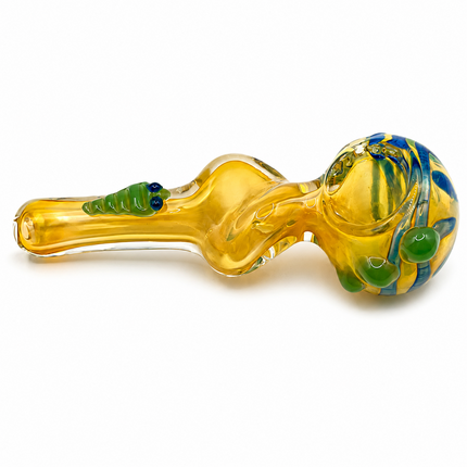Amber Yellow Glass Spoon Pipe Green Caterpillar Blue Swirl Accent - 4.5 inch