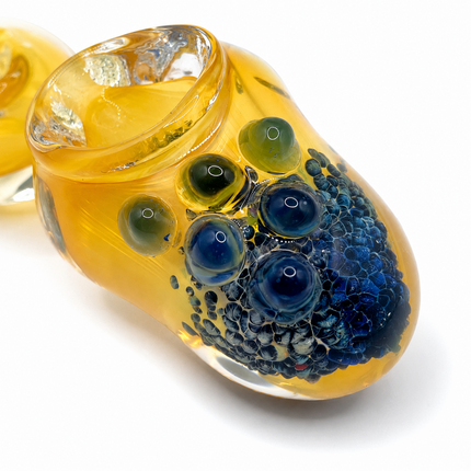 Golden Orb Glass Hand Pipe with Blue Pebble Crown – 4 Inch