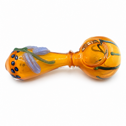 Amber Orange Pumpkin Glass Spoon Pipe with Lavender Leaf Accents - 4 inch