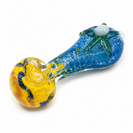 Blue Yellow Glass Spoon Pipe with Green Starfish Accent - 4 inch