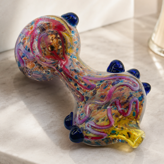 Sunset Reef Confetti Glass Spoon Pipe with Blue Marble Grips – 4.5–5 Inch