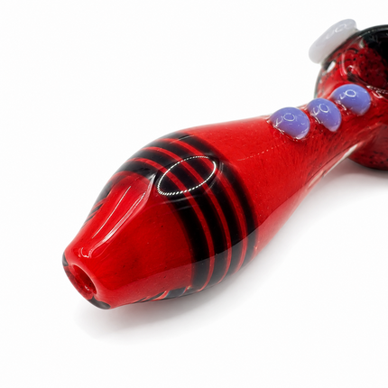 Red Frit Glass Spoon Pipe with White Marbles and Lavender Dots - 5 Inch