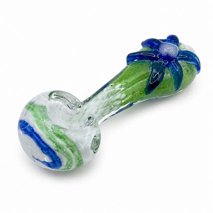 Green Meadow Glass Spoon Pipe 4 Inch Blue Flower Accent Hand Pipe