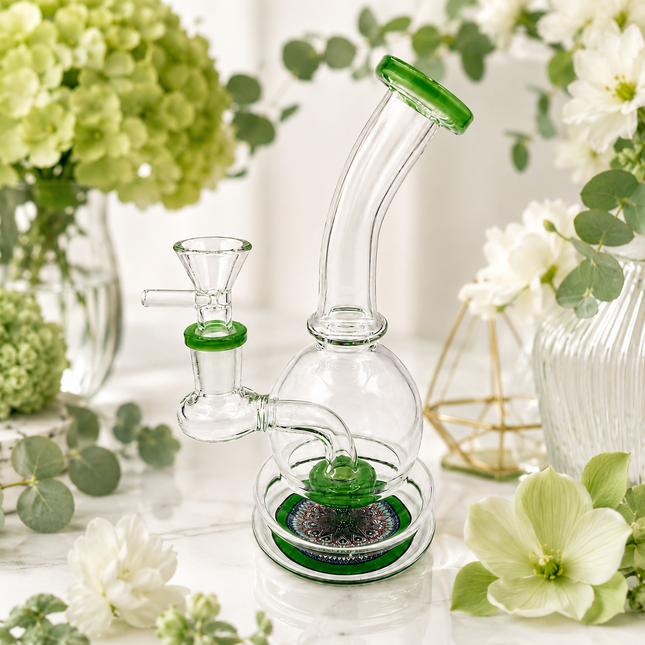 Emerald Mandala Green Sphere Glass Bong Disc Percolator 14mm Bowl 7 Inch