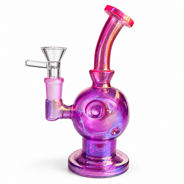 Pink Purple Iridescent Orb Glass Water Pipe 14mm Bowl Curved Neck 7.5 inch