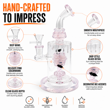 Pink Beehive Percolator 14mm Glass Bong Bent Neck Bee Design - 10 inch
