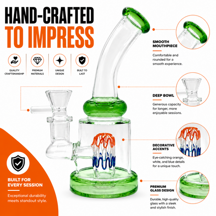 Green Accent Tricolor Perc Mini Glass Water Pipe – 6–6.5 Inch Clear Bong