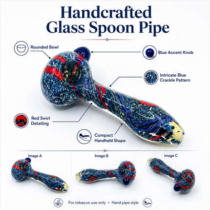 Sapphire Blue Crimson Web Twist Glass Spoon Pipe with Marble Accent - 4.5 inch
