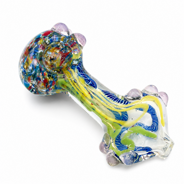 Blue Multicolor Conch Body Glass Spoon Pipe with Marble Accents - 4 inch