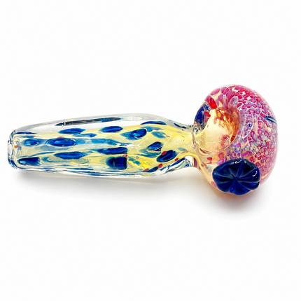 Red Crackle Blue Spotted Clear Glass Spoon Pipe with Flower Accent - 4.5 Inch