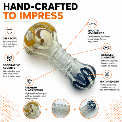 Amber Cobalt Grip Glass Spoon Pipe 4 Inch Clear Blue Yellow Hand Pipe