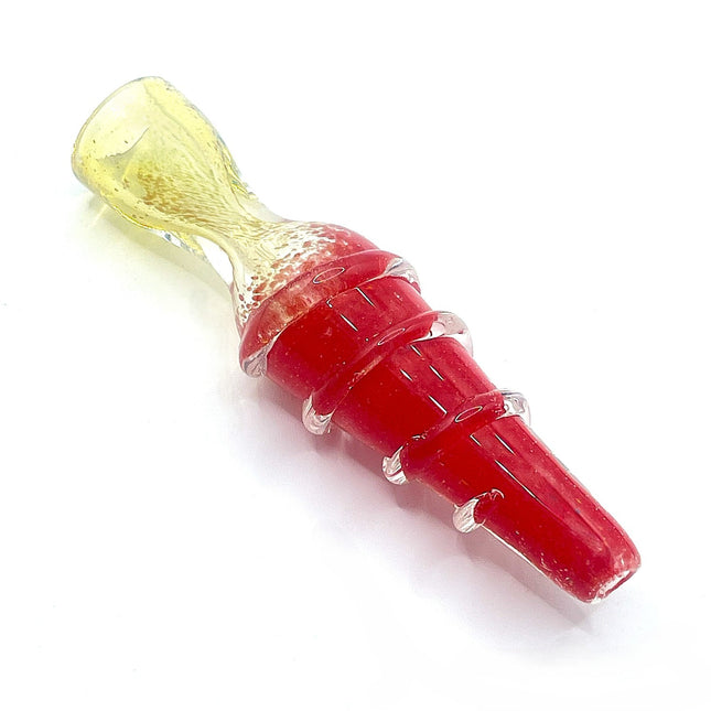 Ruby Red Ribbed Glass Chillum Pipe with Pale Mouthpiece – 3 Inch Pocket Size
