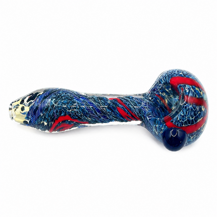 Sapphire Blue Crimson Web Twist Glass Spoon Pipe with Marble Accent - 4.5 inch