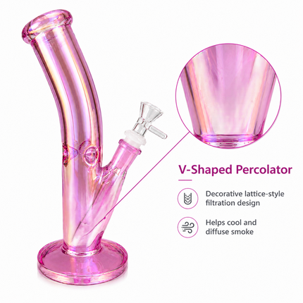 Pink Mirror Chrome Bent Neck Glass Water Pipe Removable Bowl 10 inch