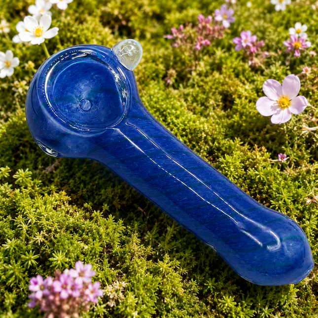Royal Blue Triple Stripe Bubble Accent Glass Spoon Pipe – 4.5 Inch Multicolor Ha