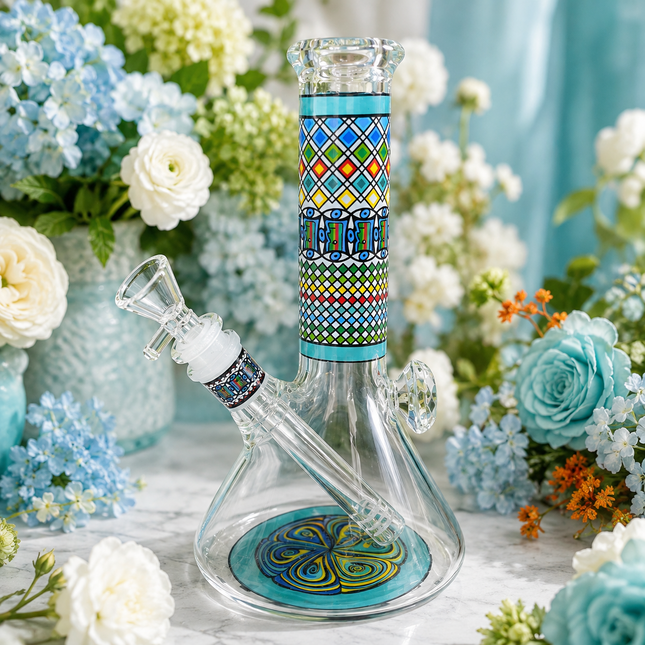 Blue Mirage Aztec Mandala Glass Bong Aqua Clear - 10 Inch