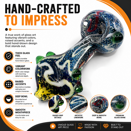 Blue Frit Twisted Body Glass Spoon Pipe with Green Raised Accents - 5 Inch
