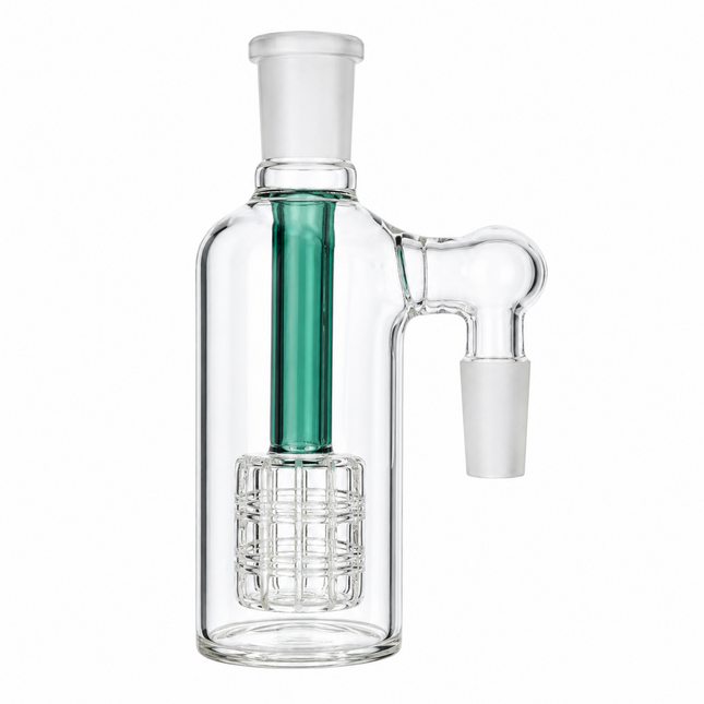 Clear glass water pipe or rig with a green inner tube, a glass bowl, and a white glass mouthpiece, shown on a plain white background.
