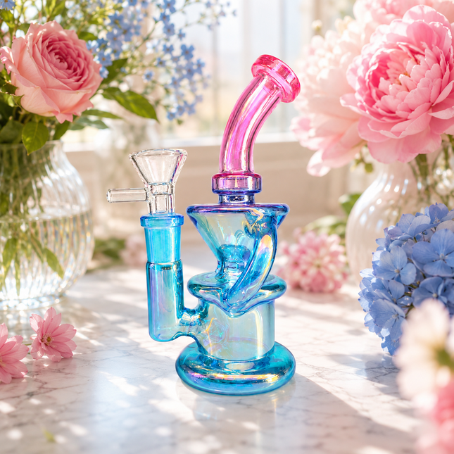 Blue Pink Iridescent Compact Glass Water Pipe 14mm 6~6.5 inch