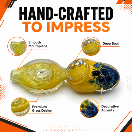 Golden Orb Glass Hand Pipe with Blue Pebble Crown – 4 Inch
