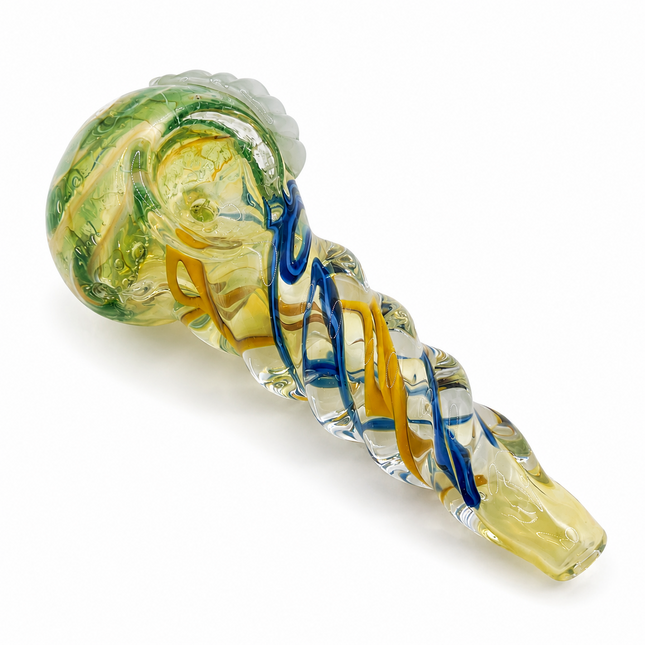Meadow Ribbon Grip Glass Spoon Pipe 4 Inch Green Blue Yellow Hand Pipe